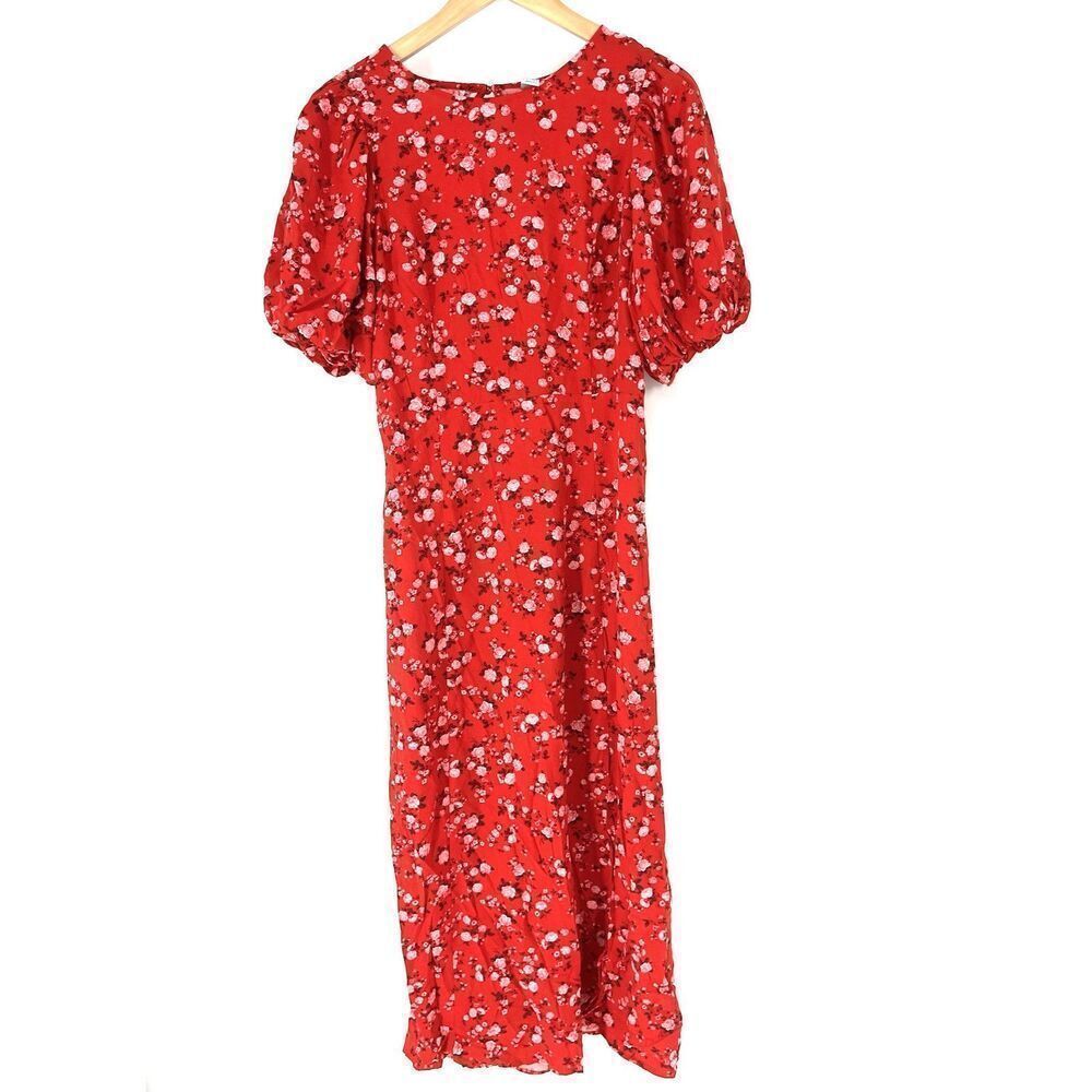 Old Navy Midi Dress Size Medium Red Puff Sleeve Floral Boho Prairie Cottagecore
